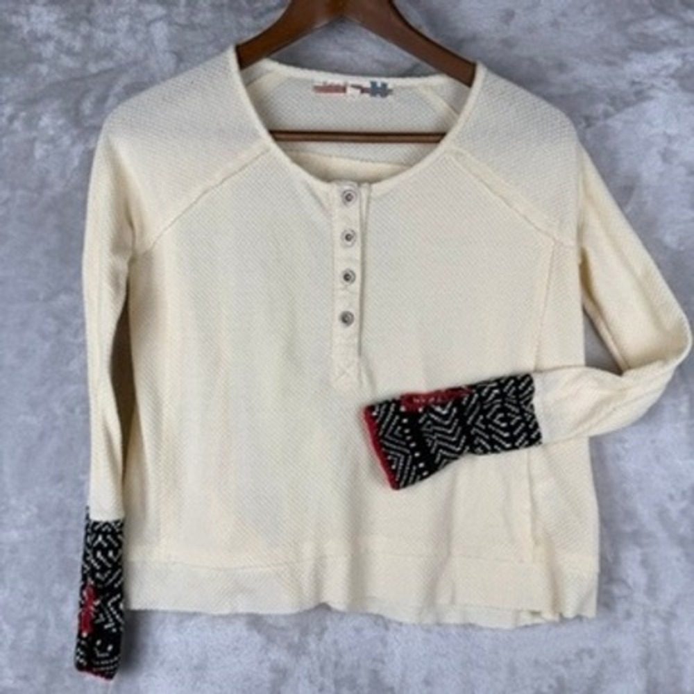 FREE people Alpine Cuff Havana Cream Waffle Knit‎ Henley Top Cuff Sleeve Size S